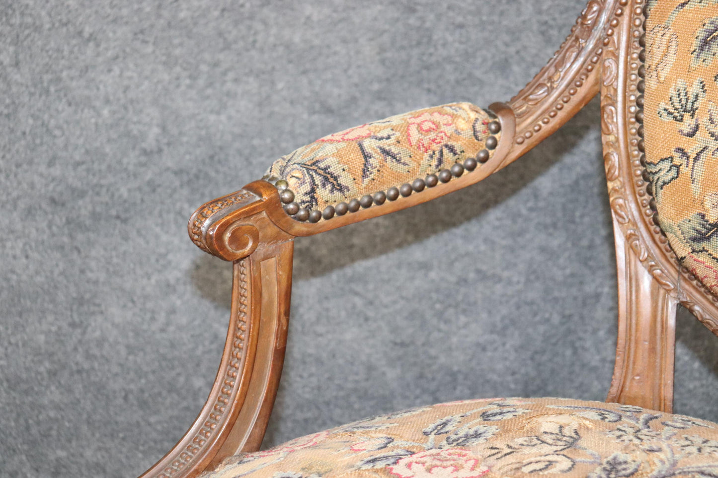 Pair Carved Walnut French Louis XVI Needlepoint Armchairs, Circa 1880