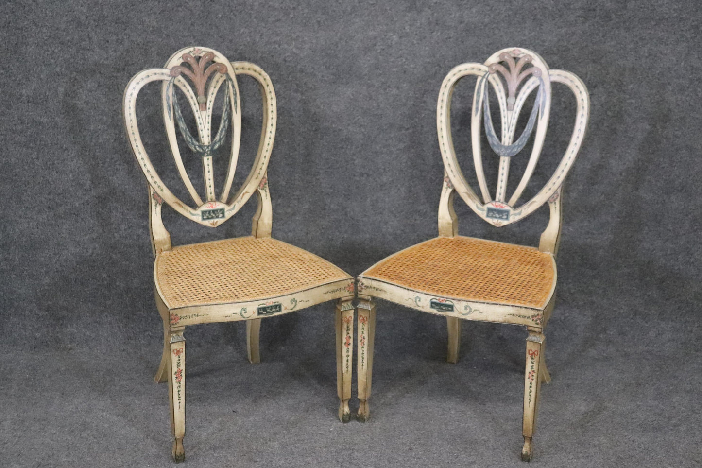 Pair of Sweetheart Back Cane Paint Decorated Adams Side Chairs Circa 1920