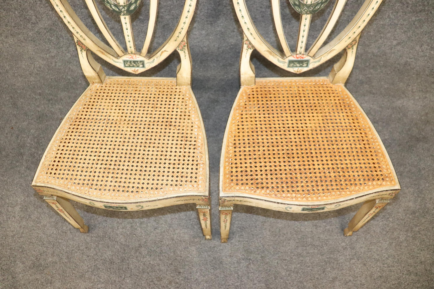 Pair of Sweetheart Back Cane Paint Decorated Adams Side Chairs Circa 1920