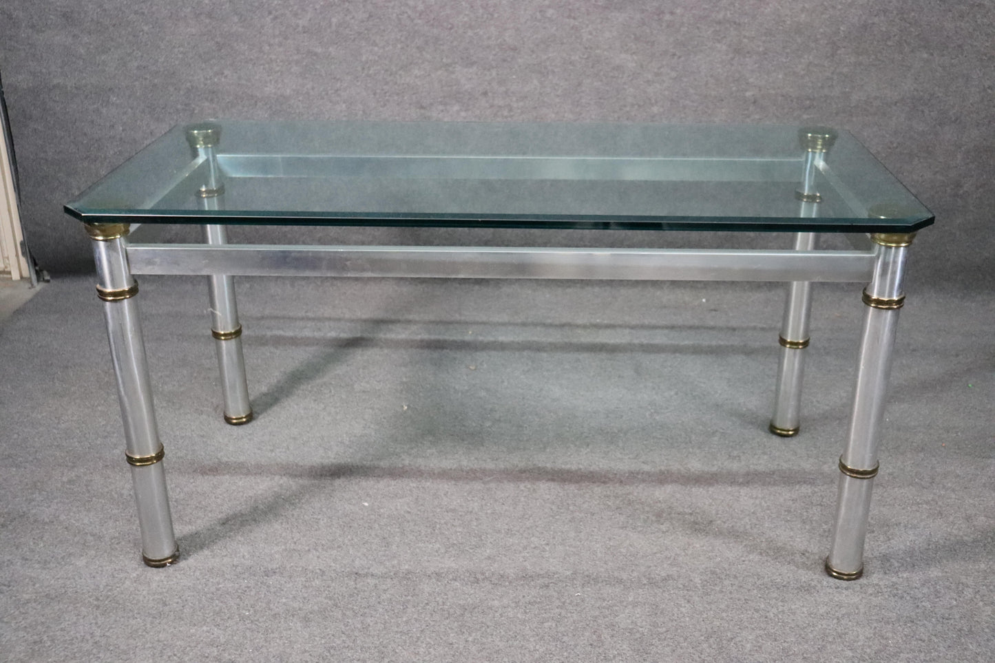 Attributed John Vesey Brass and Glass Metal Dining Table with Beveled Glass Top