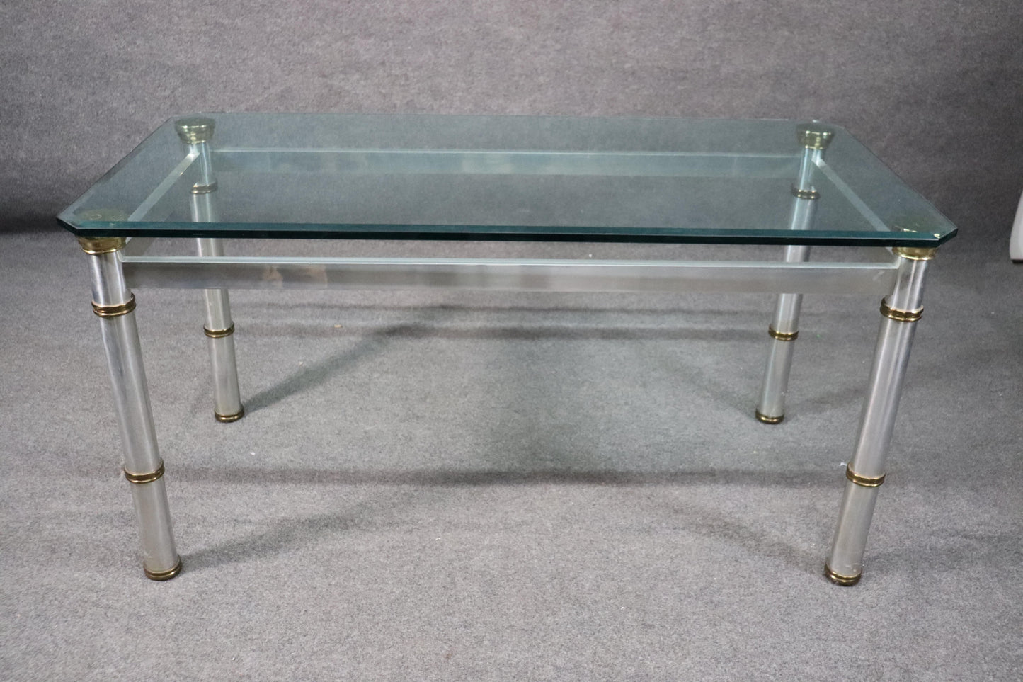 Attributed John Vesey Brass and Glass Metal Dining Table with Beveled Glass Top