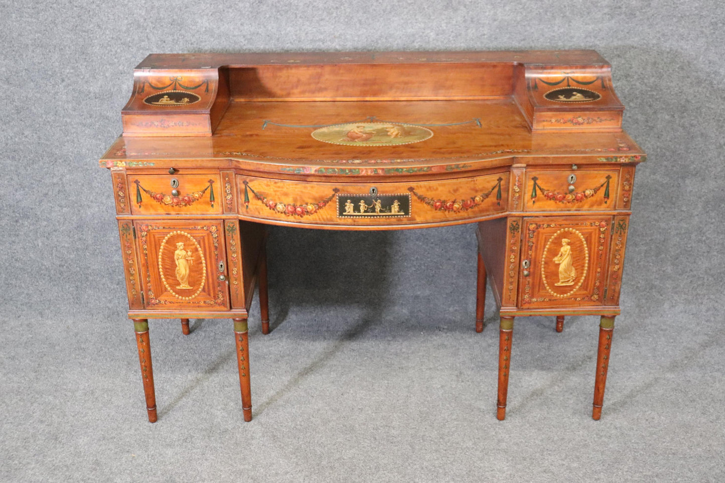 Superb English Paint Decorated Adams Satinwood Carlton House Desk Circa 1890s