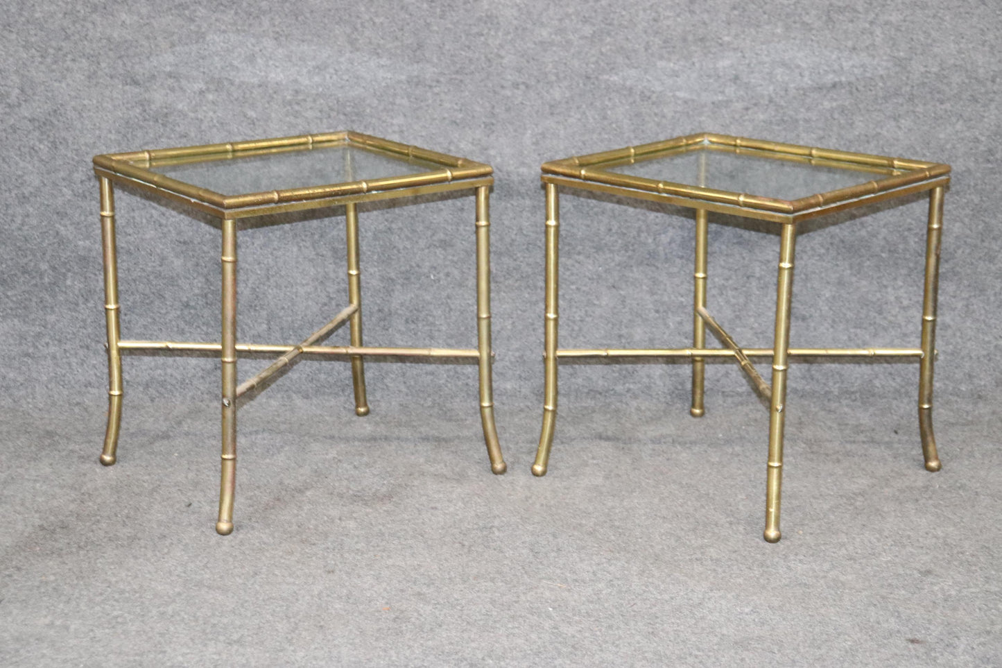 Pair of Faux Bamboo Brass Bagues Style Glass Top End Tables Circa 1970