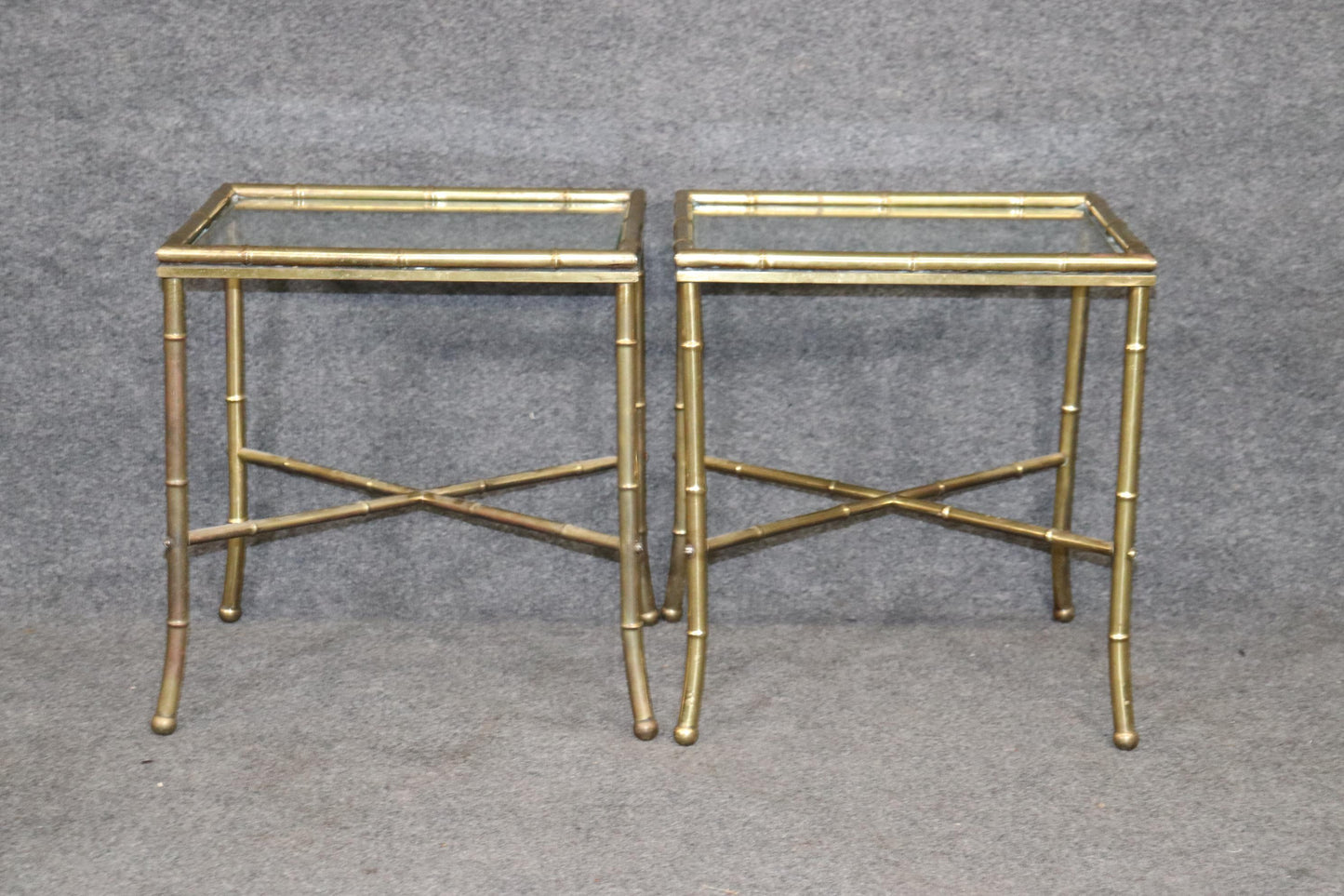 Pair of Faux Bamboo Brass Bagues Style Glass Top End Tables Circa 1970