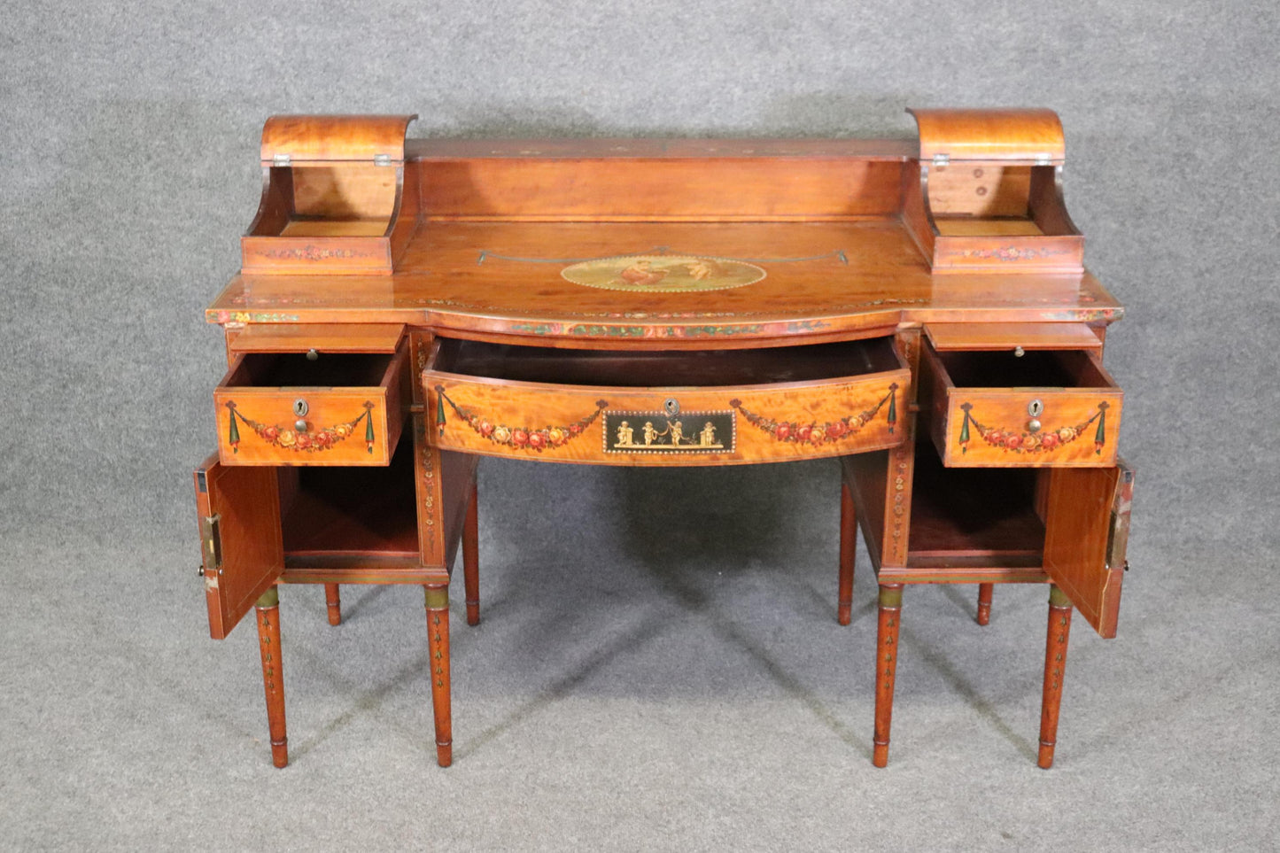 Superb English Paint Decorated Adams Satinwood Carlton House Desk Circa 1890s