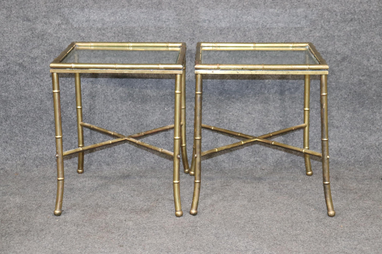 Pair of Faux Bamboo Brass Bagues Style Glass Top End Tables Circa 1970