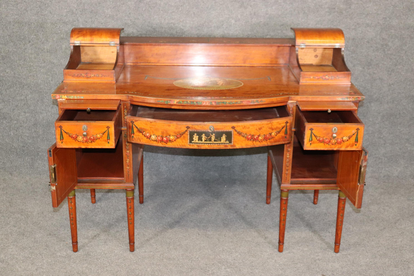 Superb English Paint Decorated Adams Satinwood Carlton House Desk Circa 1890s