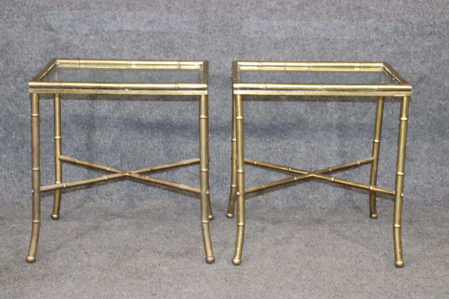 Pair of Faux Bamboo Brass Bagues Style Glass Top End Tables Circa 1970