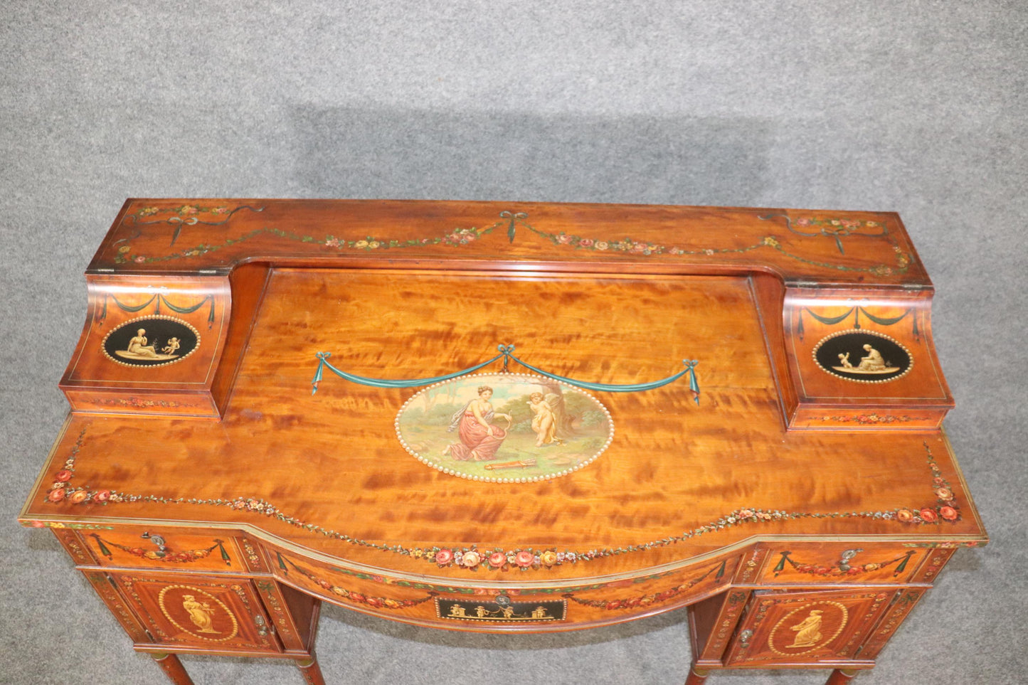 Superb English Paint Decorated Adams Satinwood Carlton House Desk Circa 1890s