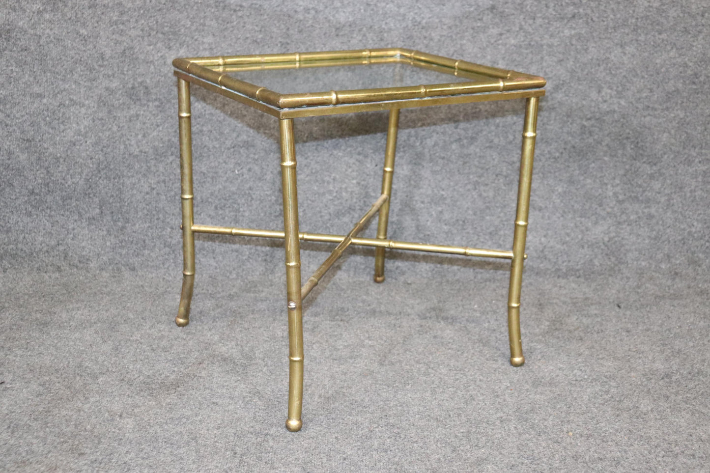 Pair of Faux Bamboo Brass Bagues Style Glass Top End Tables Circa 1970