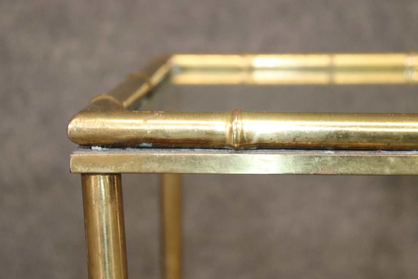 Pair of Faux Bamboo Brass Bagues Style Glass Top End Tables Circa 1970