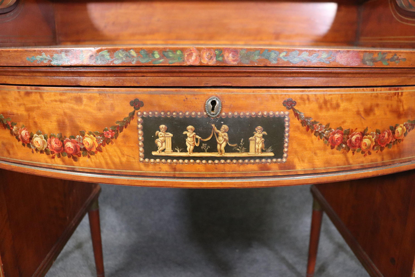 Superb English Paint Decorated Adams Satinwood Carlton House Desk Circa 1890s