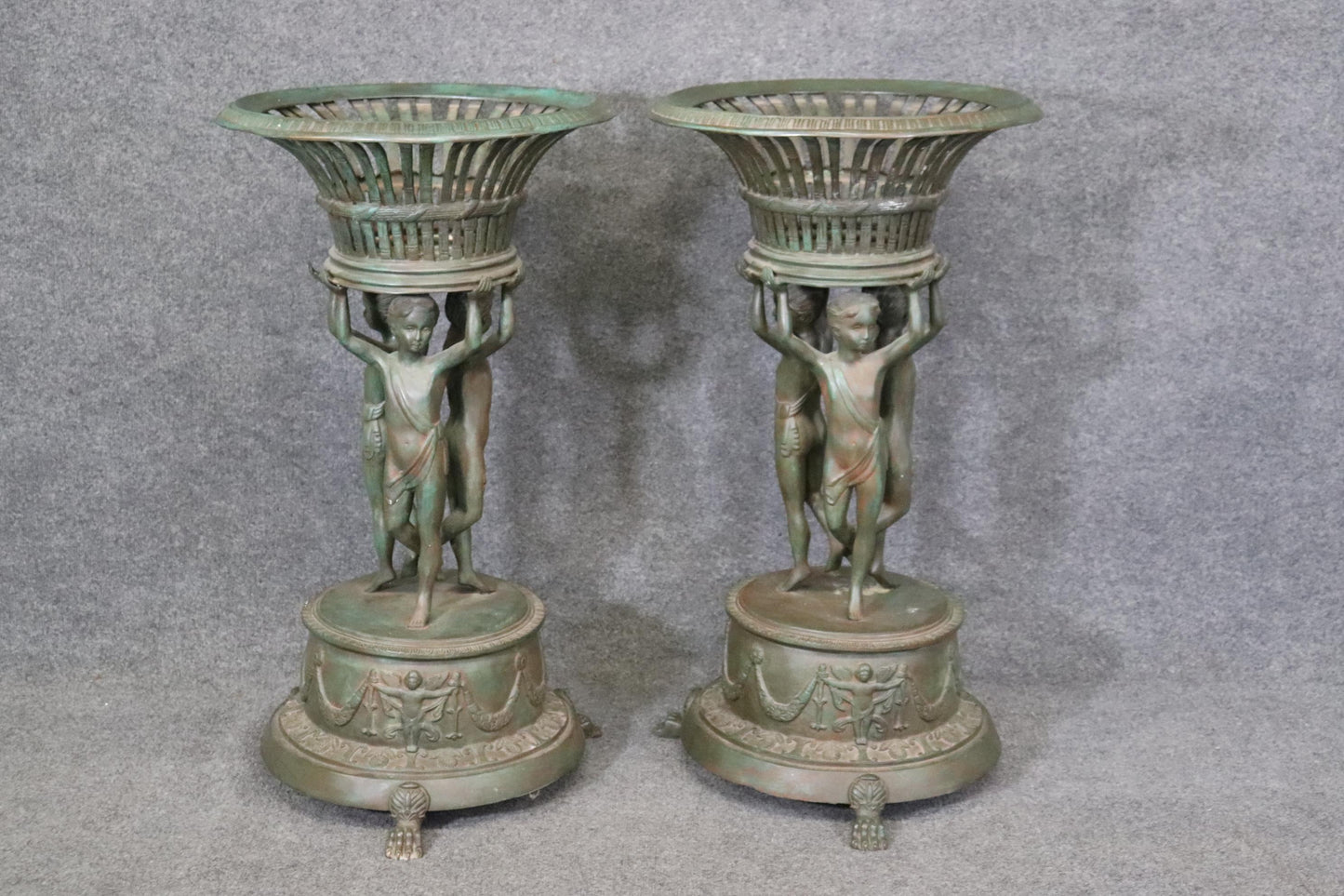 Large Pair Verdigris Finished Cast Metal Figural Planters after Clodion