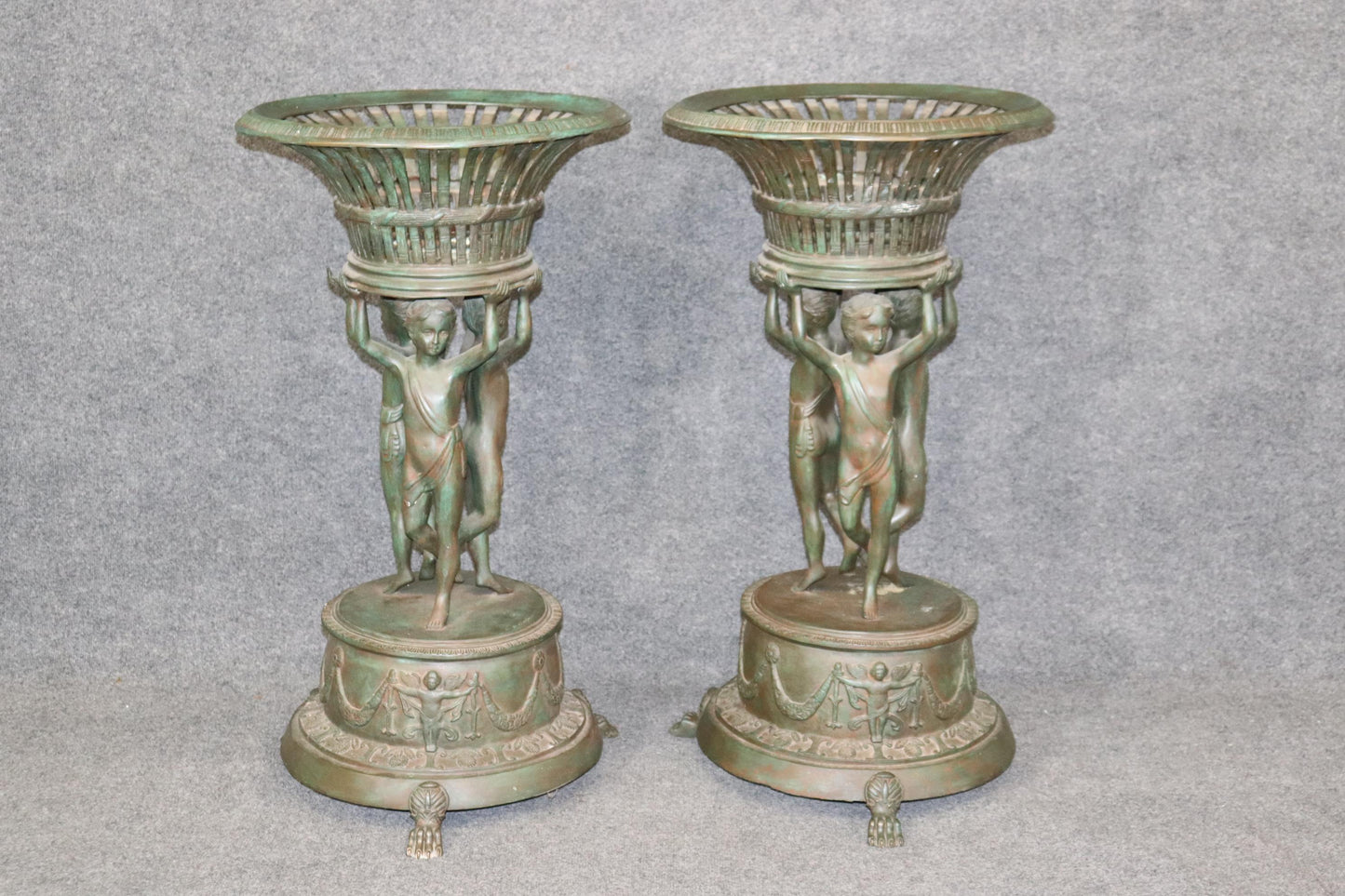 Large Pair Verdigris Finished Cast Metal Figural Planters after Clodion