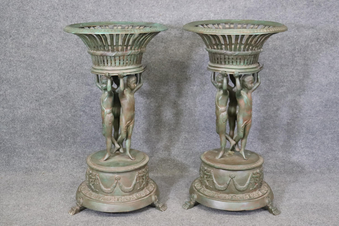 Large Pair Verdigris Finished Cast Metal Figural Planters after Clodion