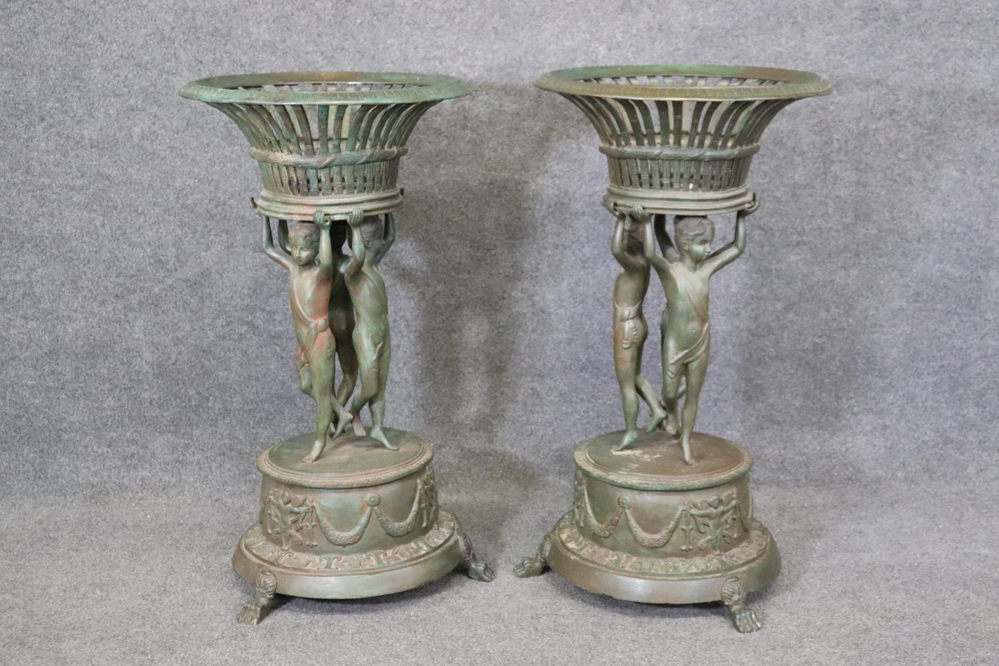 Large Pair Verdigris Finished Cast Metal Figural Planters after Clodion