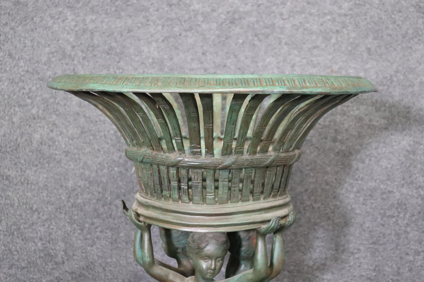 Large Pair Verdigris Finished Cast Metal Figural Planters after Clodion