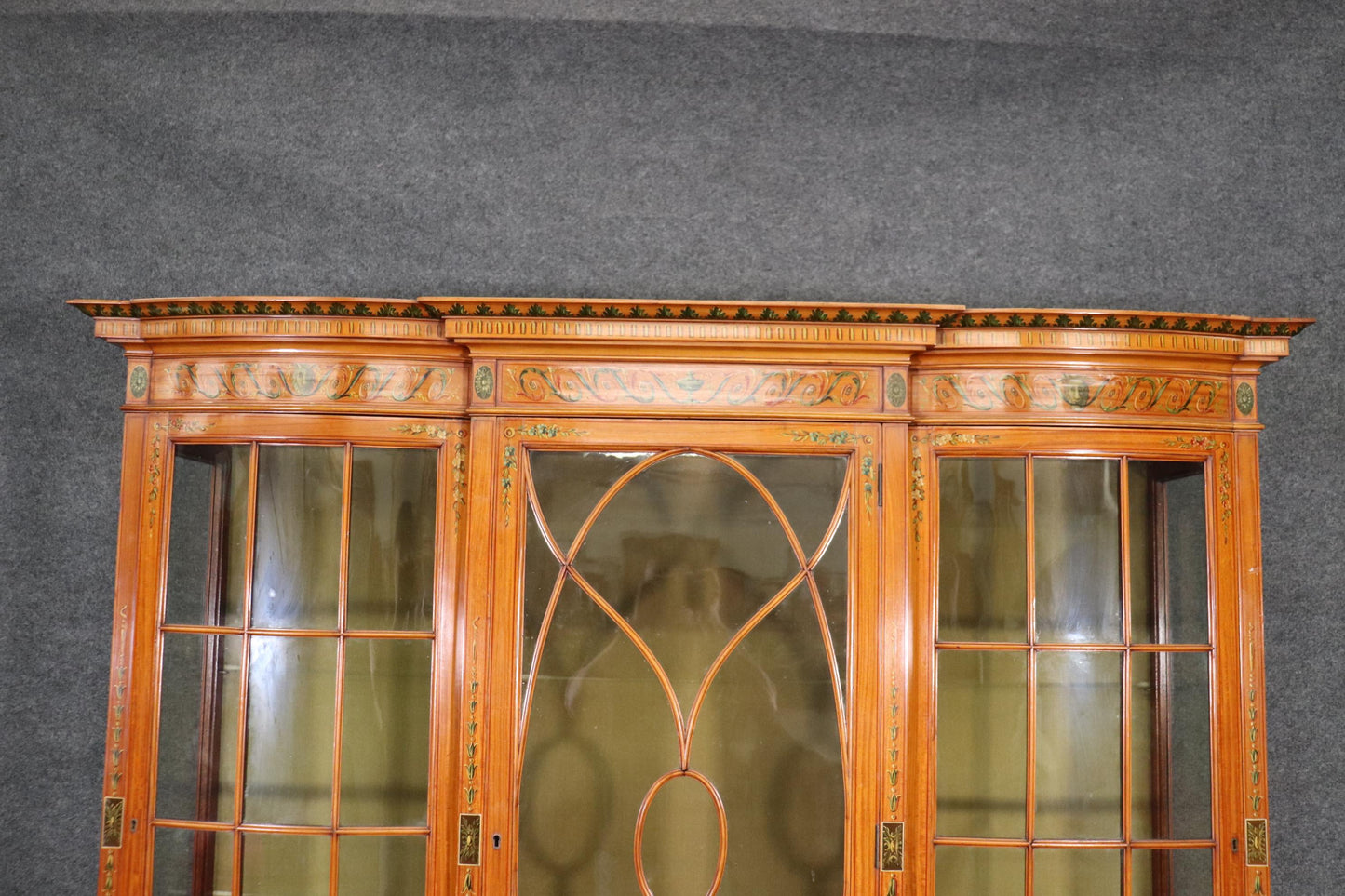 Fine Satinwood Paint Decorated English Adams Vitrine China Cabinet Circa 1900