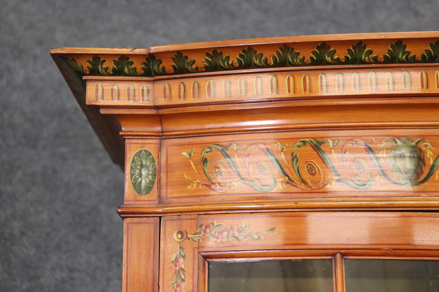 Fine Satinwood Paint Decorated English Adams Vitrine China Cabinet Circa 1900