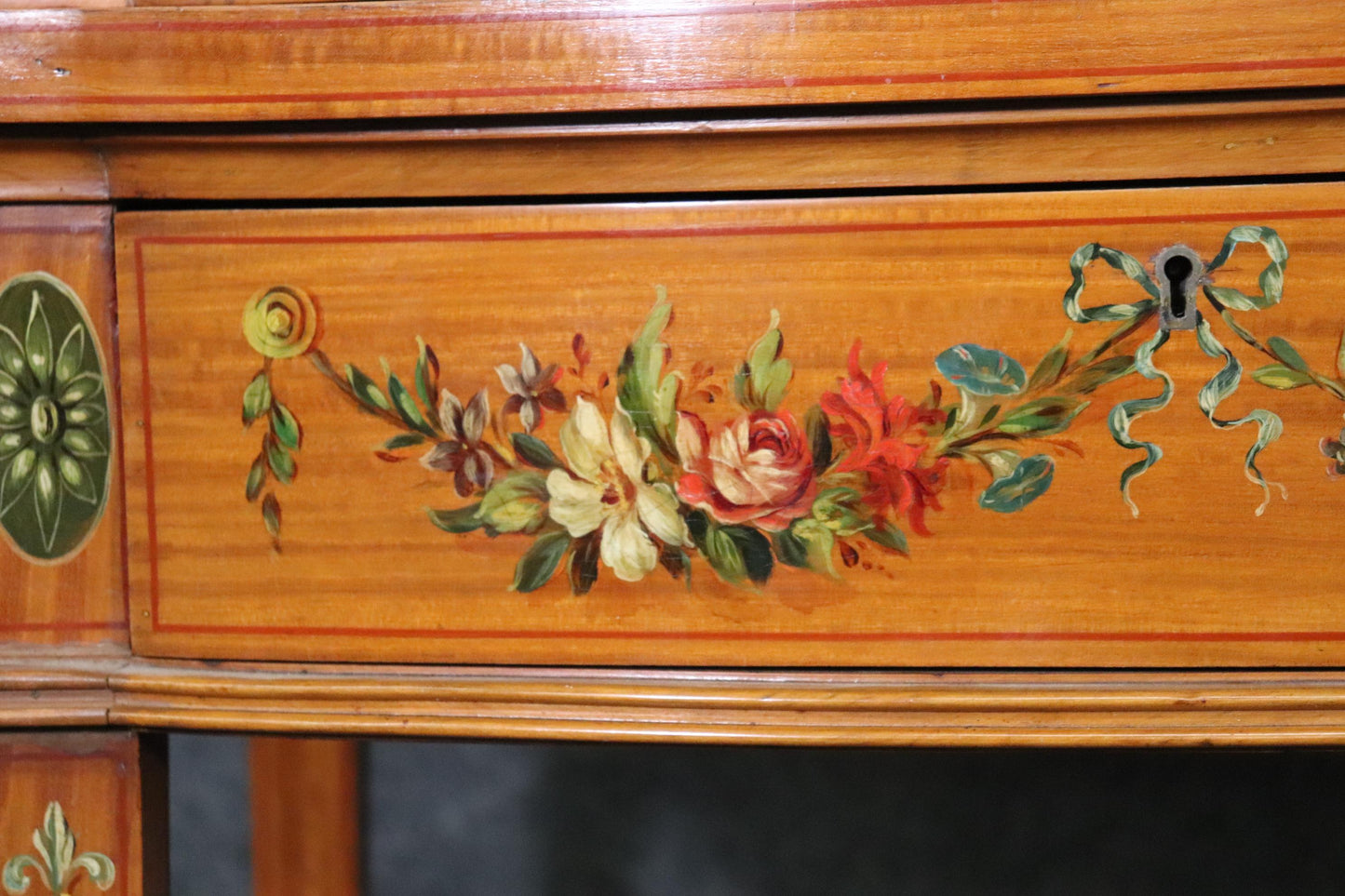 Fine Satinwood Paint Decorated English Adams Vitrine China Cabinet Circa 1900