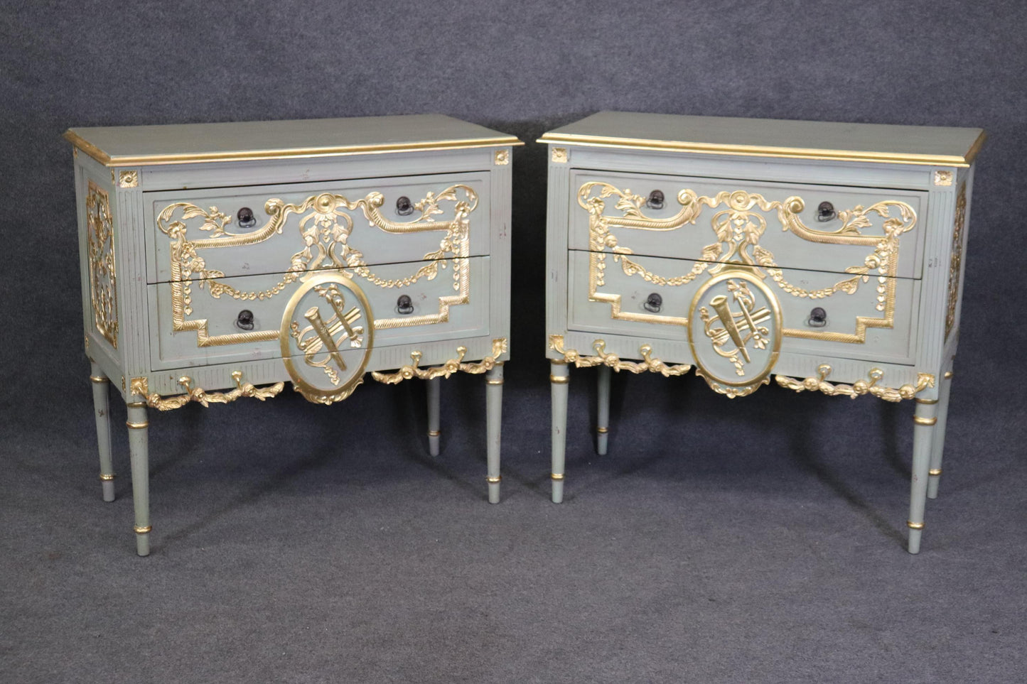 Pair of Robin's Egg Blue and Gilded French Louis XVI Style Distressed Commodes