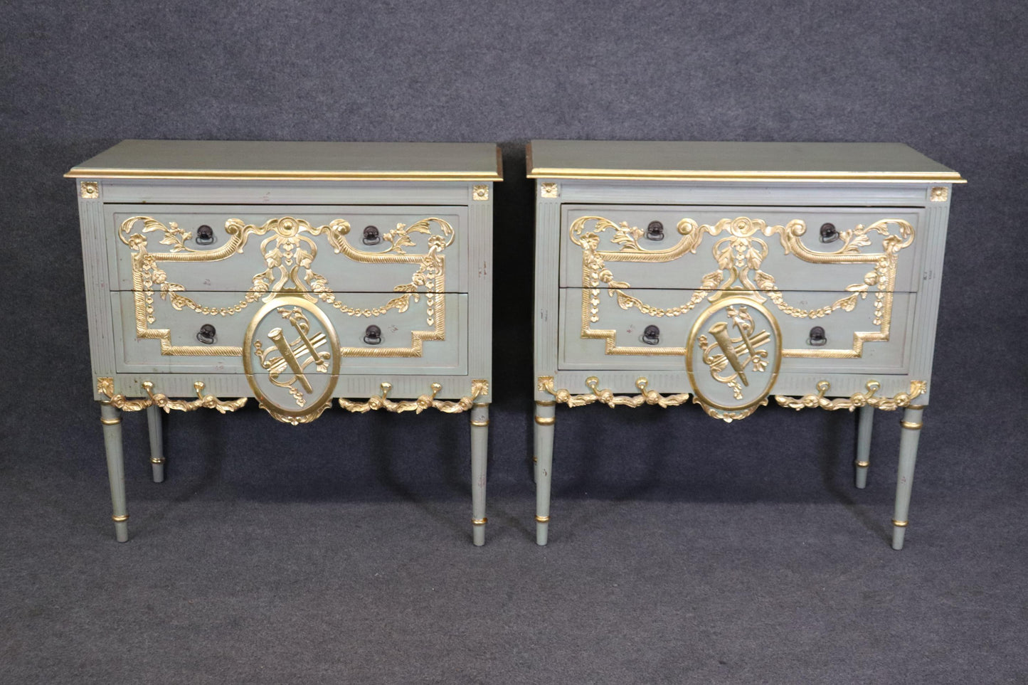 Pair of Robin's Egg Blue and Gilded French Louis XVI Style Distressed Commodes