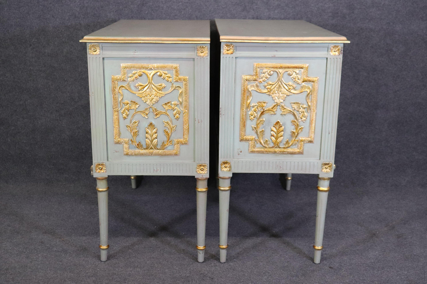 Pair of Robin's Egg Blue and Gilded French Louis XVI Style Distressed Commodes