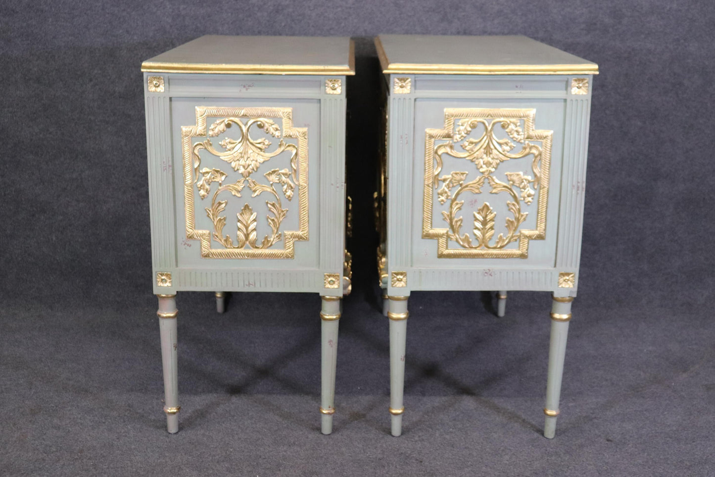 Pair of Robin's Egg Blue and Gilded French Louis XVI Style Distressed Commodes