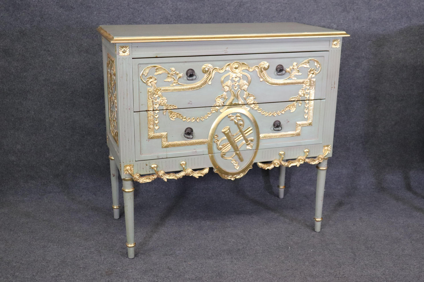 Pair of Robin's Egg Blue and Gilded French Louis XVI Style Distressed Commodes