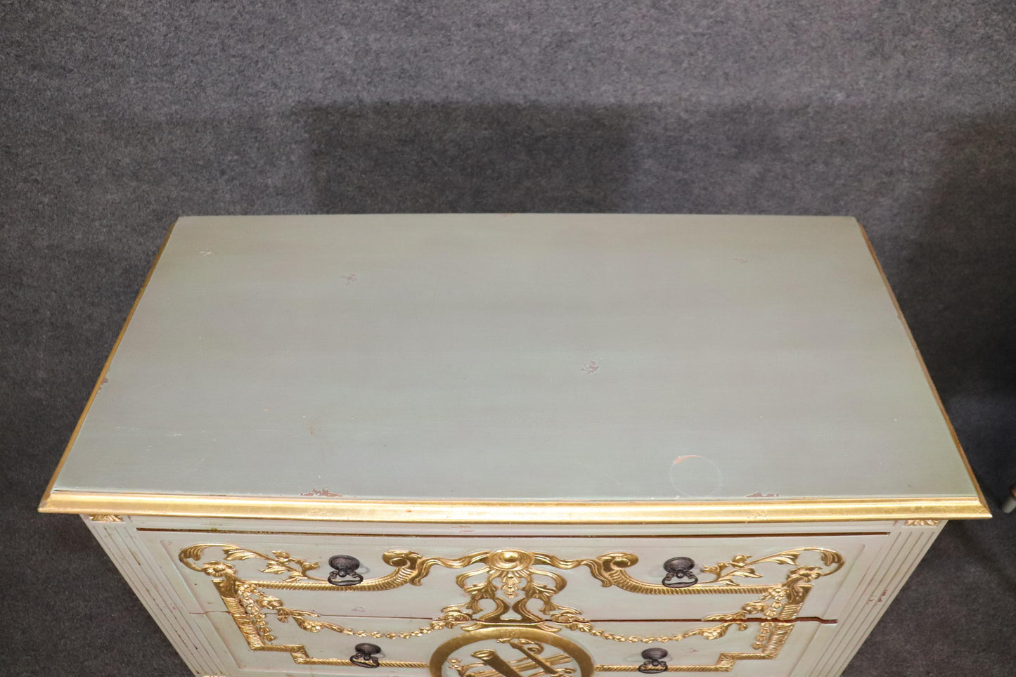 Pair of Robin's Egg Blue and Gilded French Louis XVI Style Distressed Commodes