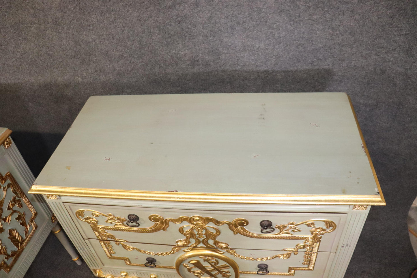 Pair of Robin's Egg Blue and Gilded French Louis XVI Style Distressed Commodes