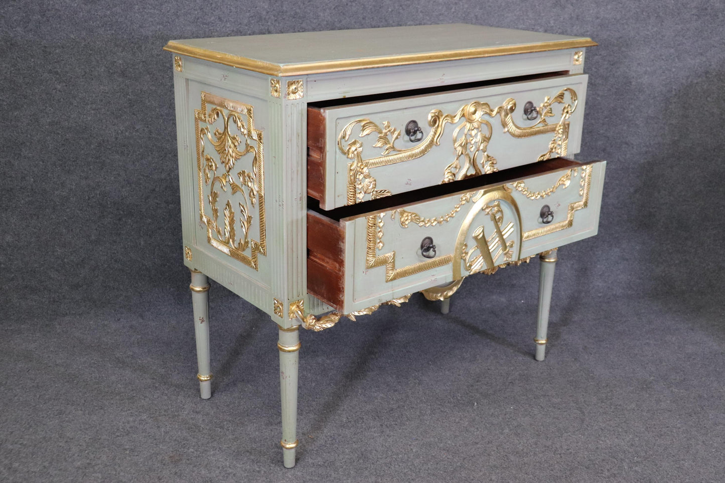 Pair of Robin's Egg Blue and Gilded French Louis XVI Style Distressed Commodes