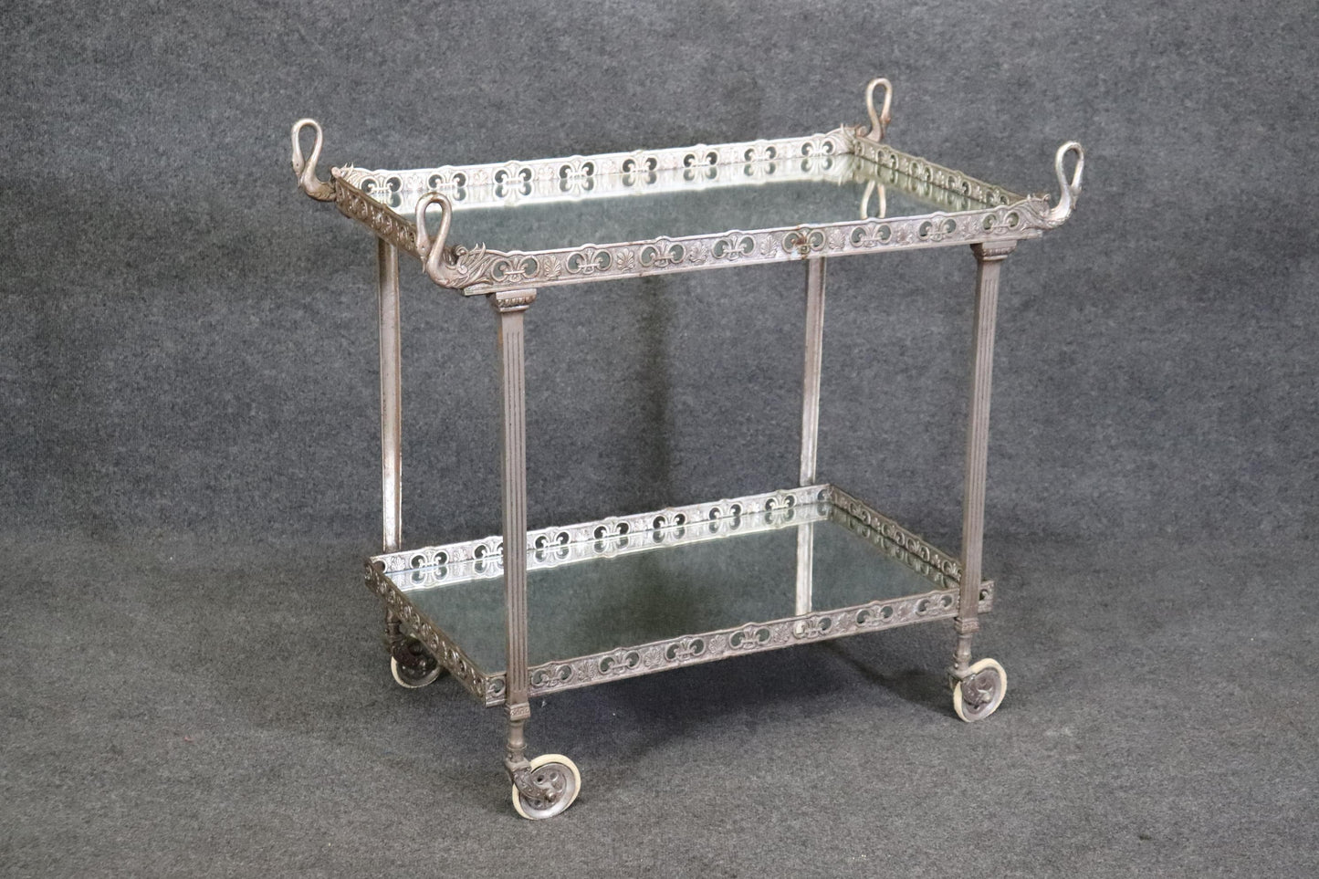 Fine Silvered Metal Italian Swan Mirrored Tea Cart Liquor Trolley Bar Cart