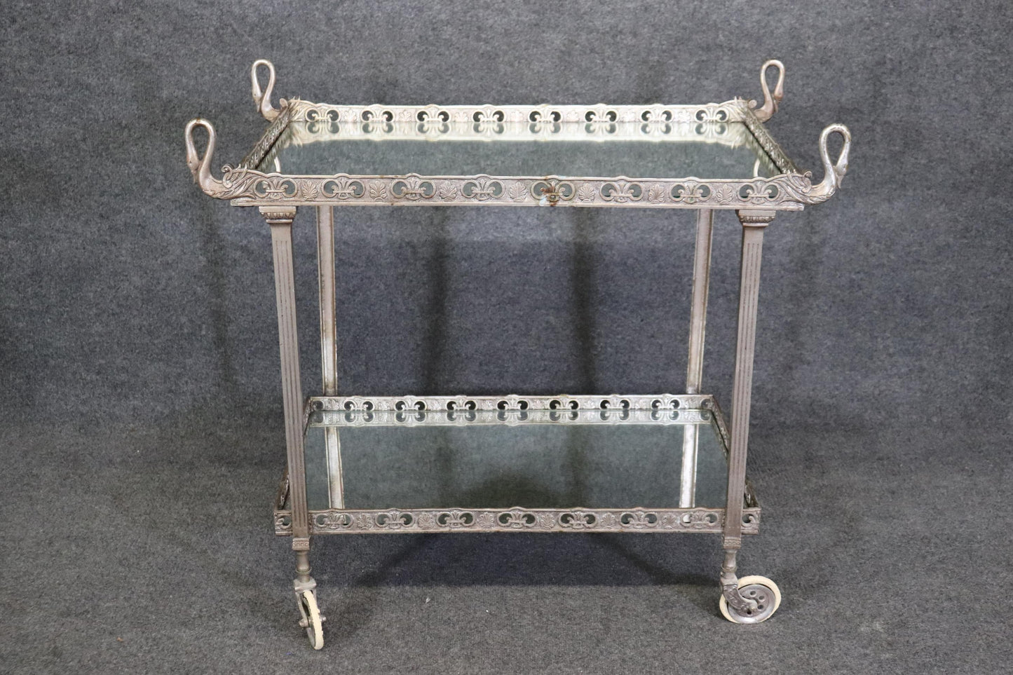 Fine Silvered Metal Italian Swan Mirrored Tea Cart Liquor Trolley Bar Cart