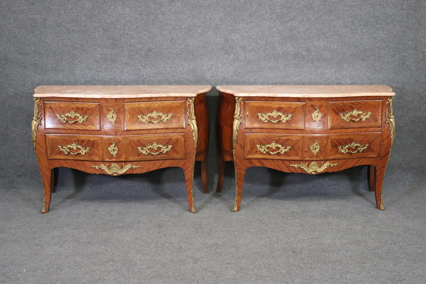 Antique Pair of Louis XV Rococo Style French Inlaid Marble Top Commodes Chest