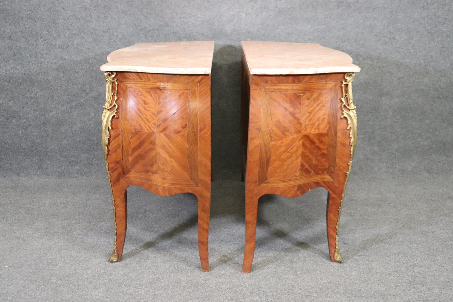 Antique Pair of Louis XV Rococo Style French Inlaid Marble Top Commodes Chest