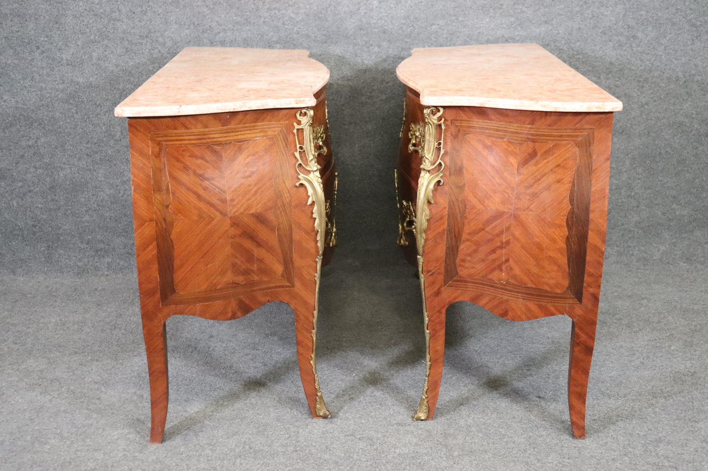 Antique Pair of Louis XV Rococo Style French Inlaid Marble Top Commodes Chest