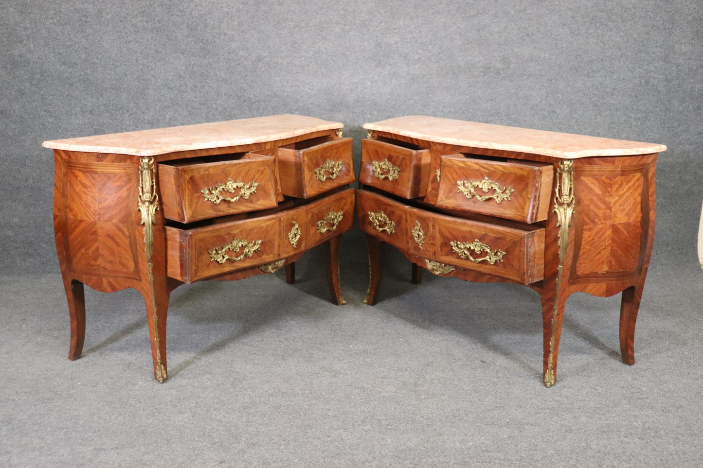 Antique Pair of Louis XV Rococo Style French Inlaid Marble Top Commodes Chest