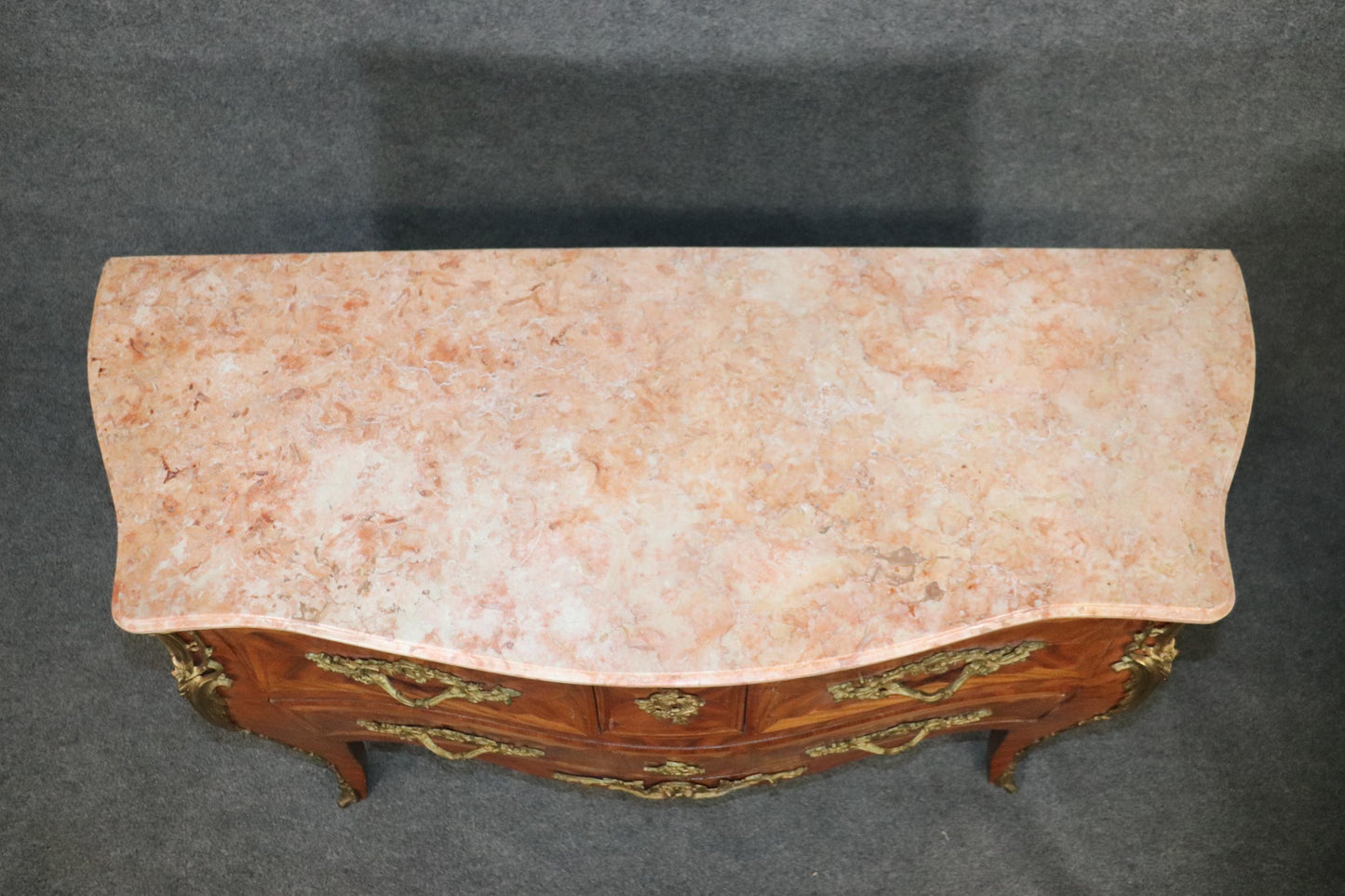 Antique Pair of Louis XV Rococo Style French Inlaid Marble Top Commodes Chest