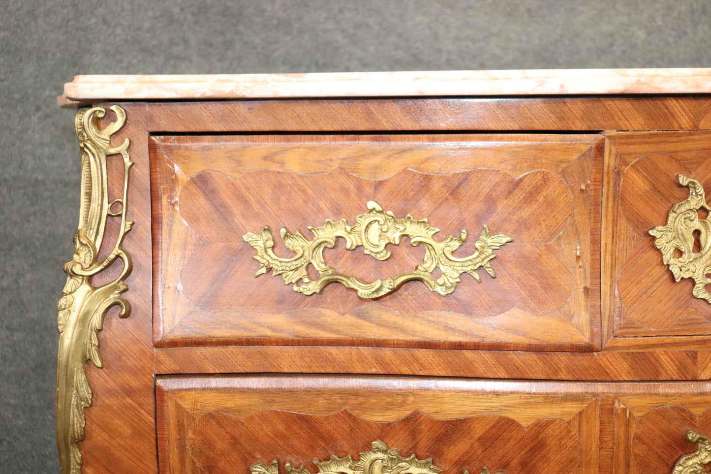 Antique Pair of Louis XV Rococo Style French Inlaid Marble Top Commodes Chest