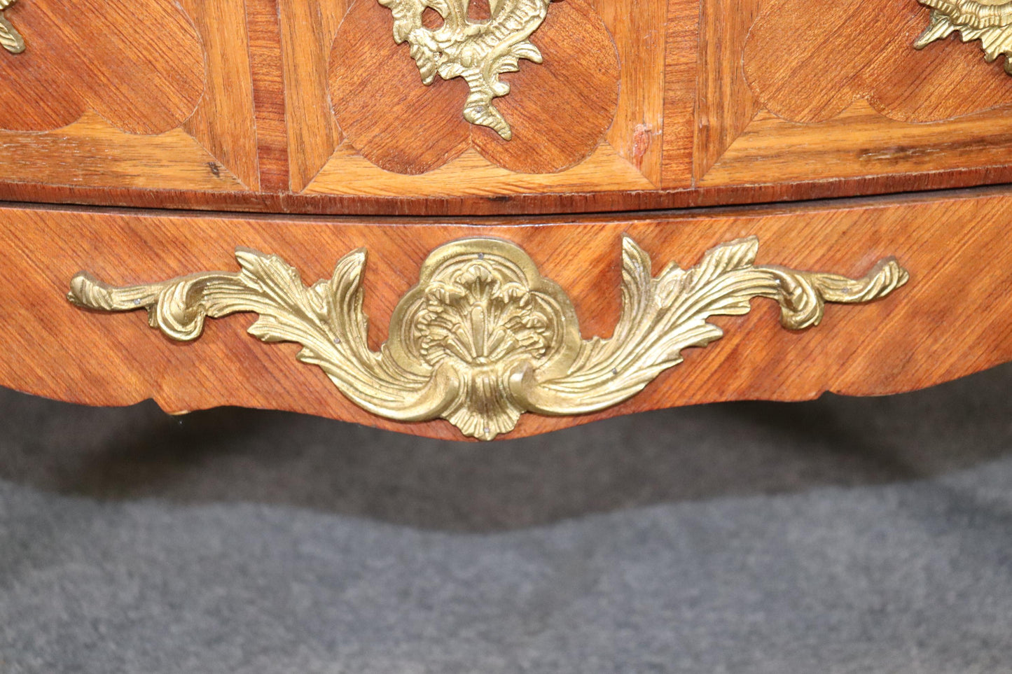 Antique Pair of Louis XV Rococo Style French Inlaid Marble Top Commodes Chest