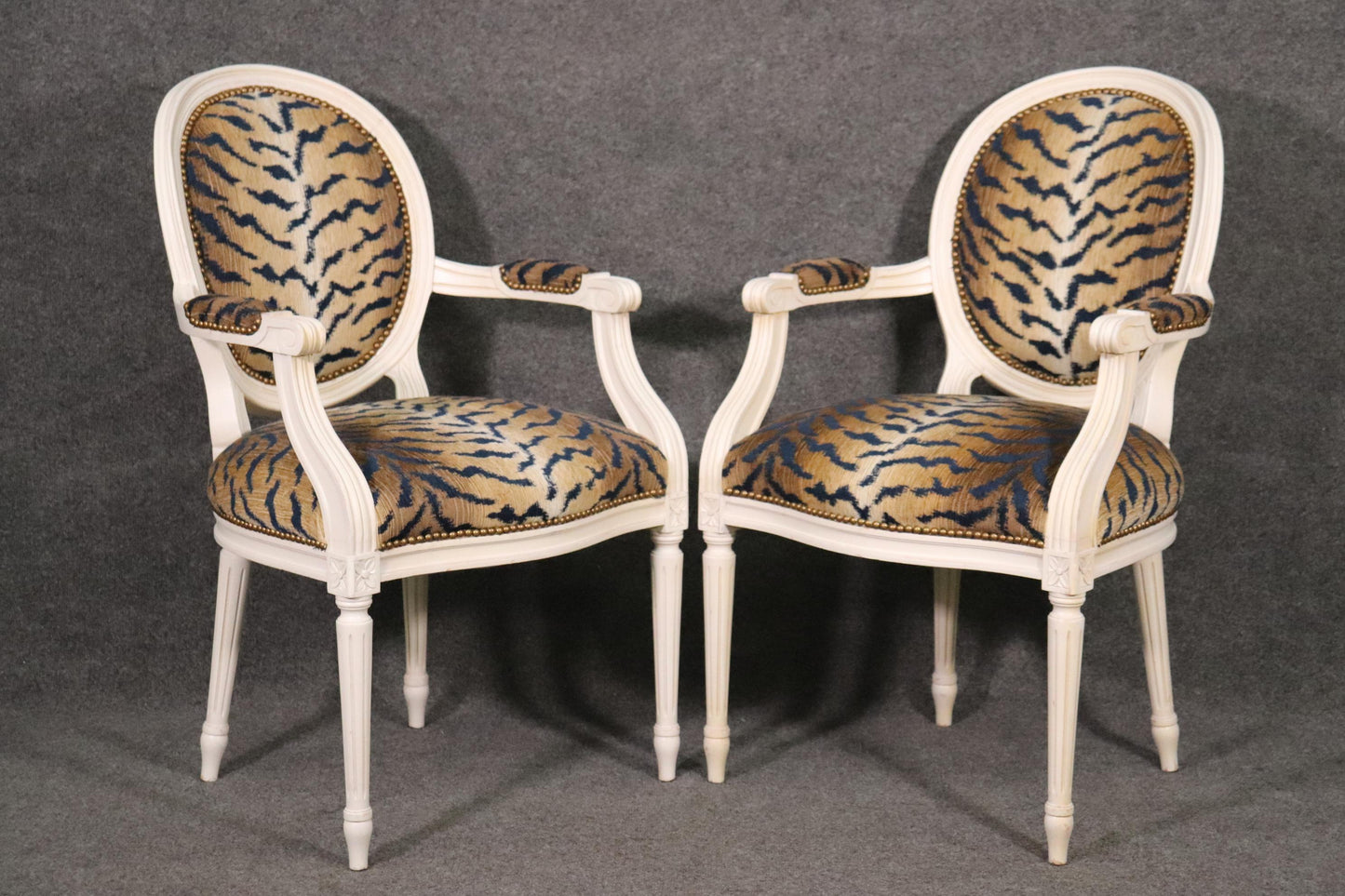 Pair White Painted Oval Back French Louis XVI Armchairs in Tiger Print Fabric