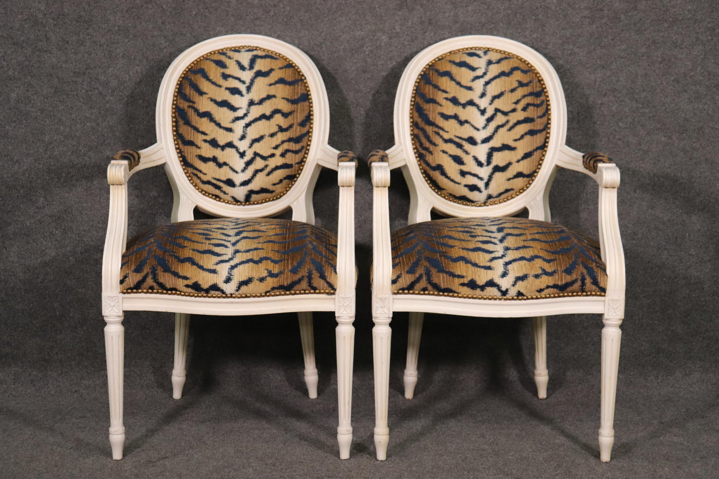 Pair White Painted Oval Back French Louis XVI Armchairs in Tiger Print Fabric