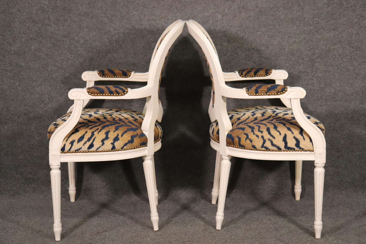 Pair White Painted Oval Back French Louis XVI Armchairs in Tiger Print Fabric