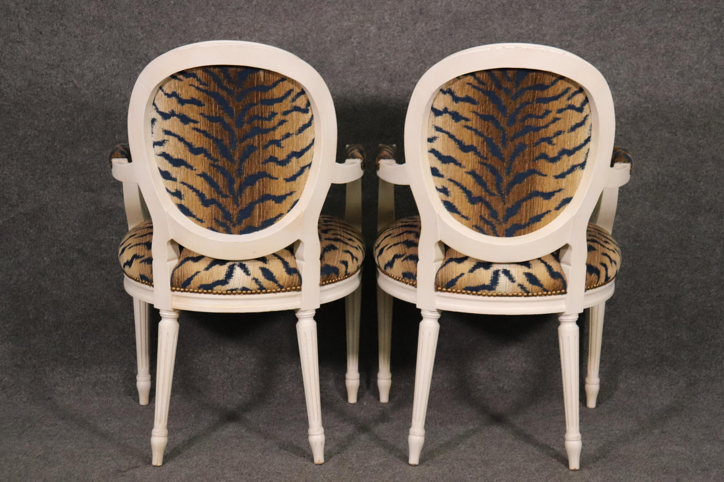 Pair White Painted Oval Back French Louis XVI Armchairs in Tiger Print Fabric