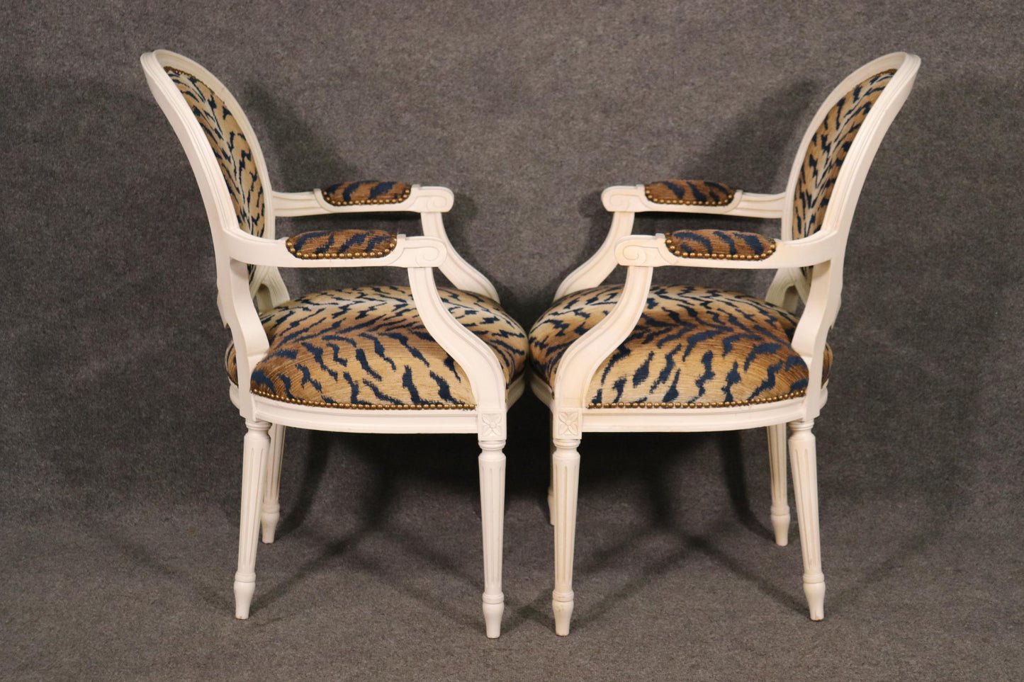 Pair White Painted Oval Back French Louis XVI Armchairs in Tiger Print Fabric