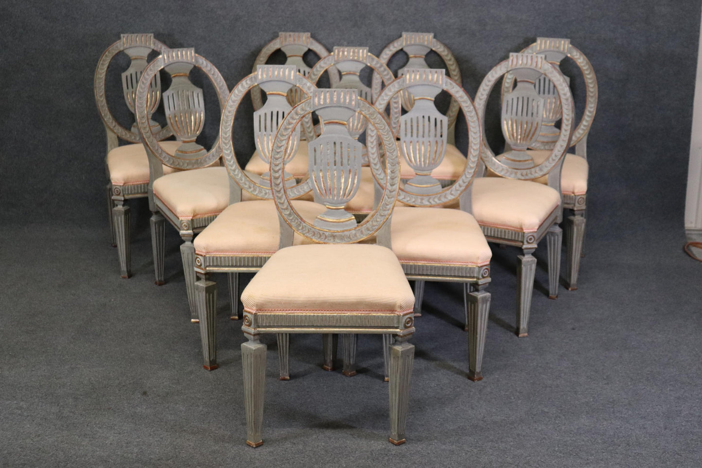 Set 10 Genuine Swedish Gustavian Gilded Gray Paint Decorated Dining Chairs