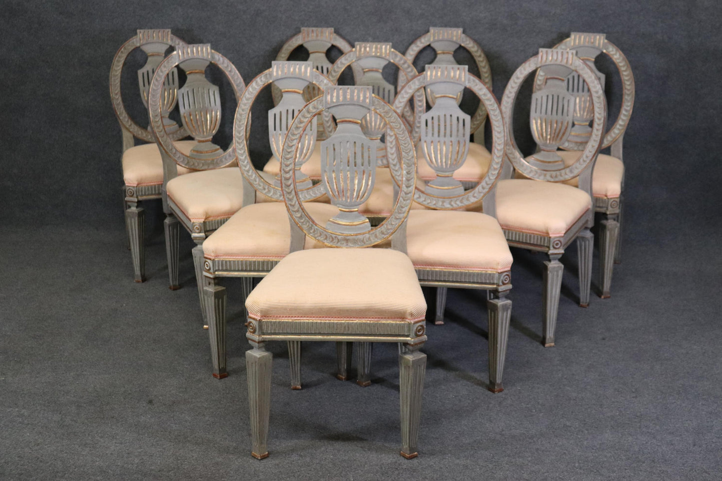 Set 10 Genuine Swedish Gustavian Gilded Gray Paint Decorated Dining Chairs