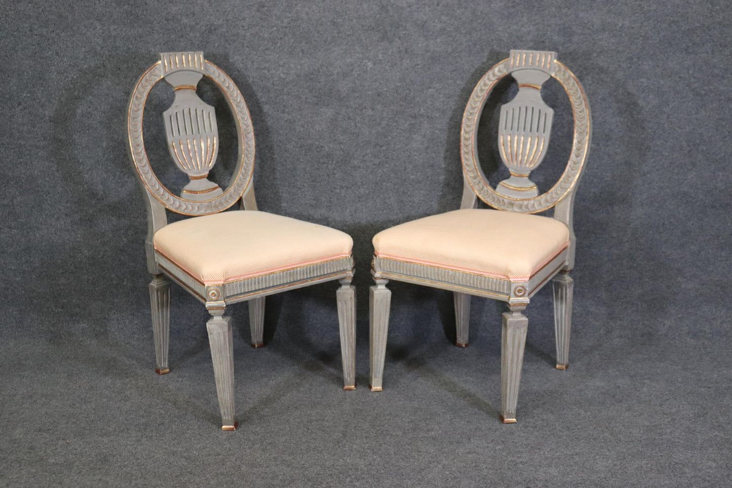 Set 10 Genuine Swedish Gustavian Gilded Gray Paint Decorated Dining Chairs