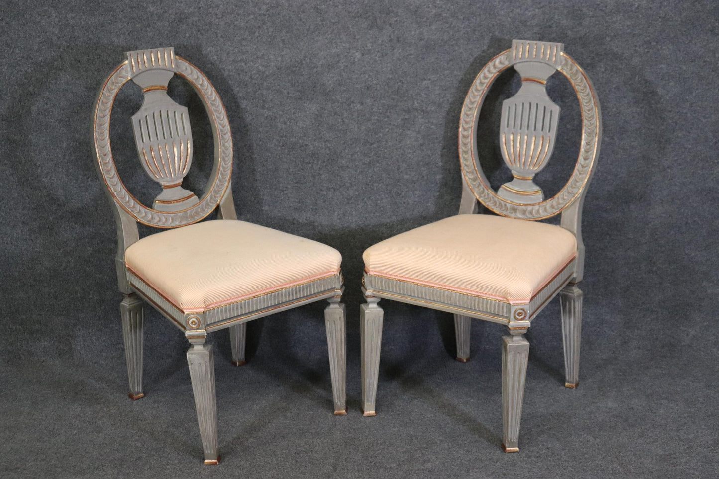 Set 10 Genuine Swedish Gustavian Gilded Gray Paint Decorated Dining Chairs